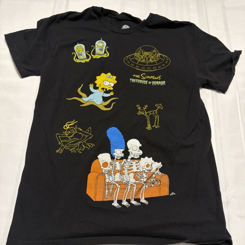 Vintage The Simpsons Treehouse of Horror T-Shirt Black Y2K Skeleton Couch M